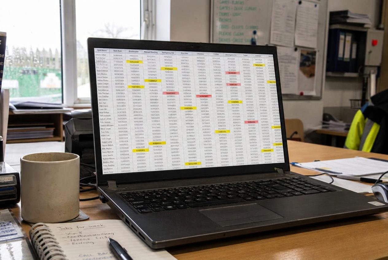 A crowded unbranded certificate expiry spreadsheet on an office laptop